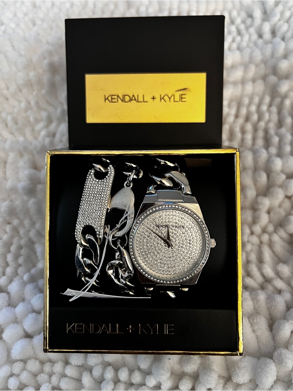 Kendall & Kylie Silver Crystal-Set Women’s Watch with Chain Bracelets
